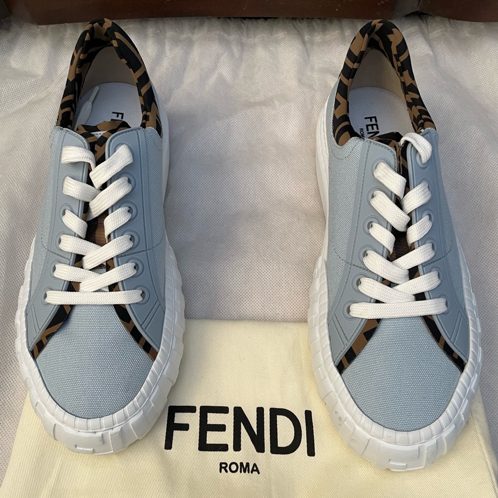 Fendi Blue and White Sneakers with Patterned Trim